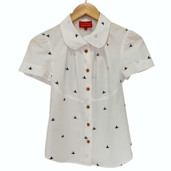 VIVIENNE WESTWOOD • RARE ORB LOGO EMBROIDERED COTTON ROUND COLLAR BLOUSE - Picture 2 of 11